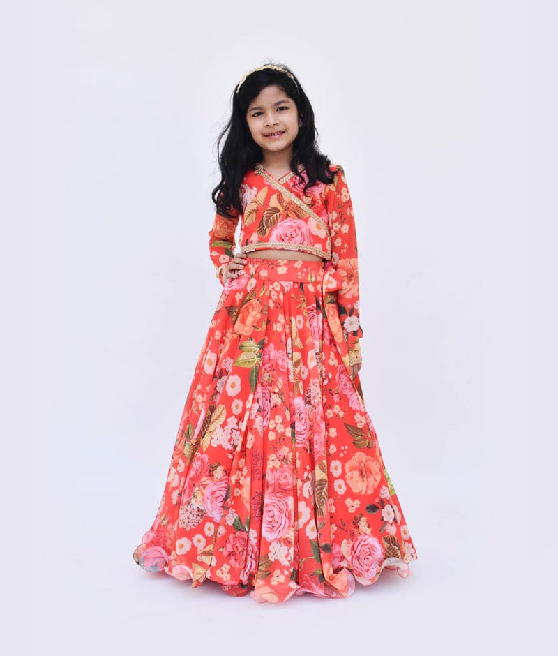 Red Floral Print Lehenga Choli for Girls