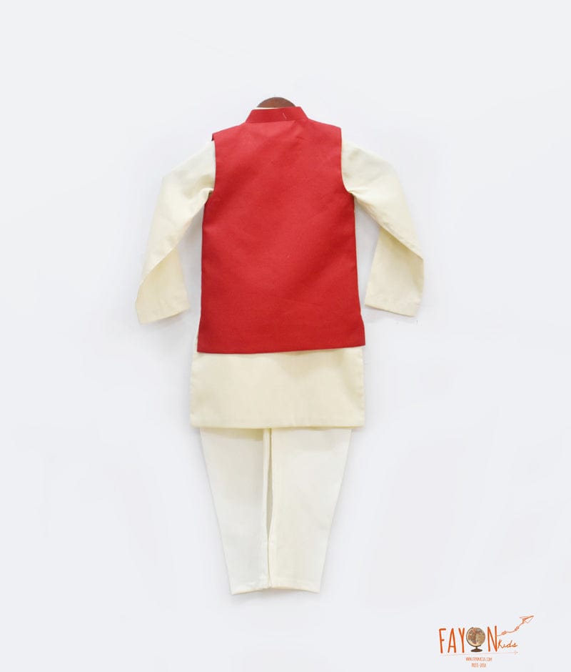 Fayon Kids Red Golden Embroidery Jacket with Golden Kurta Chudidar for Boys