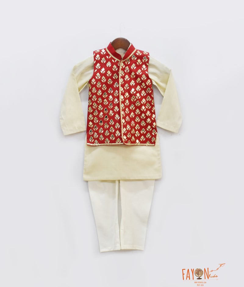 Red Golden Embroidery Jacket with Golden Kurta Chudidar for Boys
