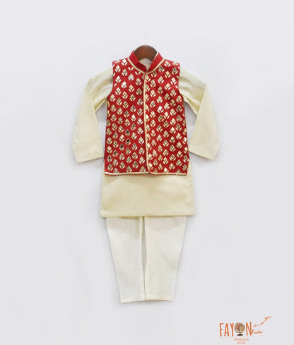 Red Golden Embroidery Jacket with Golden Kurta Chudidar for Boys