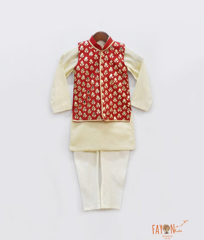Red Golden Embroidery Jacket with Golden Kurta Chudidar for Boys