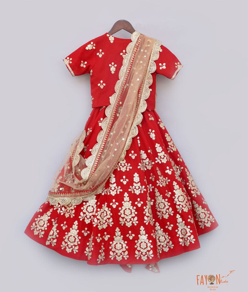 Red Gota Embroidery Lehenga with Choli Beige Boti Net Dupatta for Girls