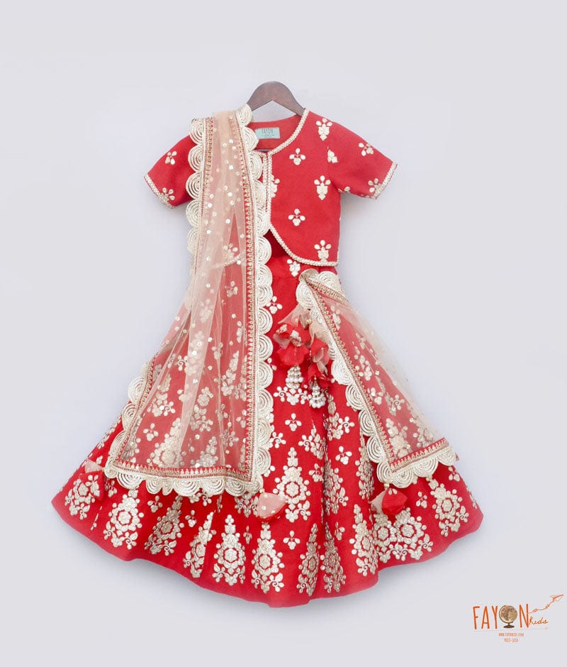 Red Gota Embroidery Lehenga with Choli Beige Boti Net Dupatta for Girls