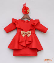 Red Lace Frock Neoprene Dress Set for Girls