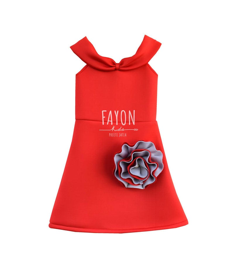 Fayon Kids Red Lycra Dress with Grey Flower for Girls