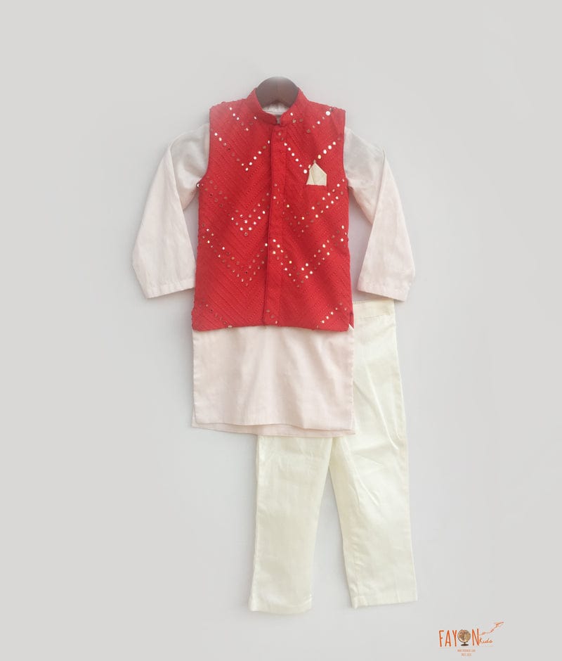 Fayon Kids Red Mirror Work Jacket with Pink Kurta Pant for Boys