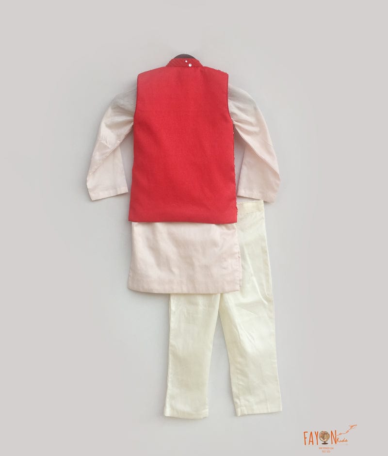 Fayon Kids Red Mirror Work Jacket with Pink Kurta Pant for Boys