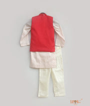Red Mirror Work Jacket with Pink Kurta Pant for Boys