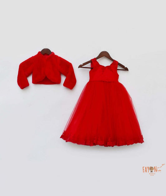 Fayon Kids Red Net Gown with Shrug for Girls