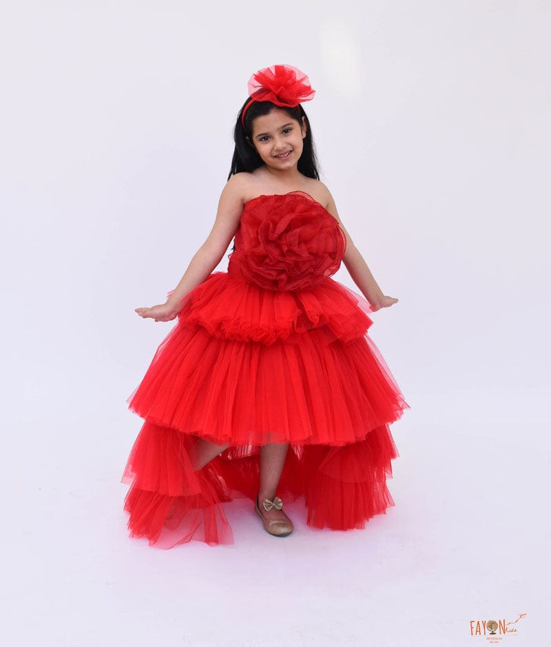 Fayon Kids Red Net High Low Dress for Girls
