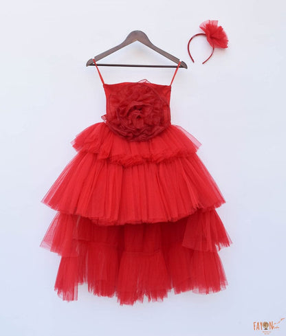 Fayon Kids Red Net High Low Dress for Girls