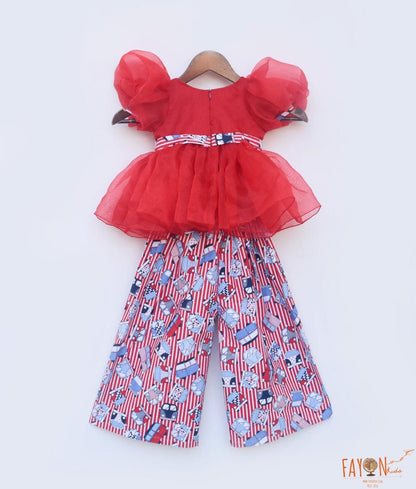 Red Organza Top and Printed Plazo Pant for Girls