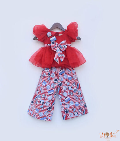 Fayon Kids Red Organza Top and Printed Plazo Pant for Girls