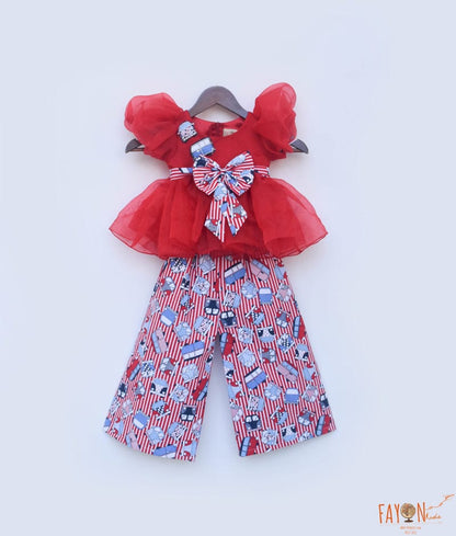 Red Organza Top and Printed Plazo Pant for Girls