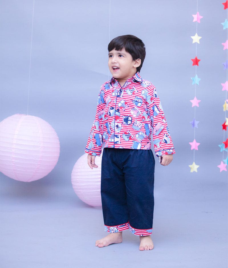 Red Printed Shirt Blue Pant Night Suit set for boys
