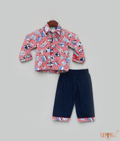 Fayon Kids Red Printed Shirt Blue Pant Night Suit set for boys