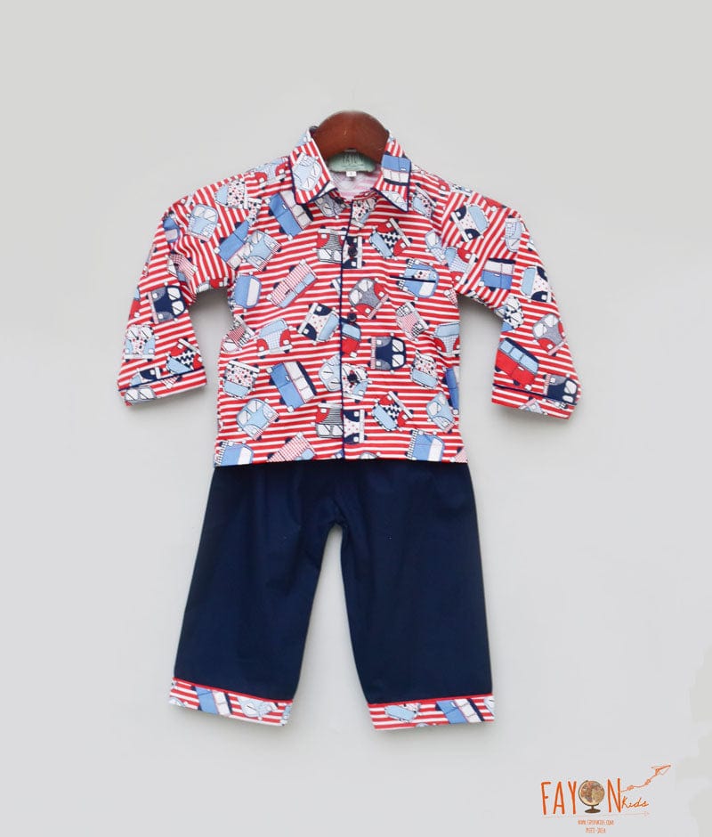 Fayon Kids Red Printed Shirt Blue Pant Night Suit set for boys