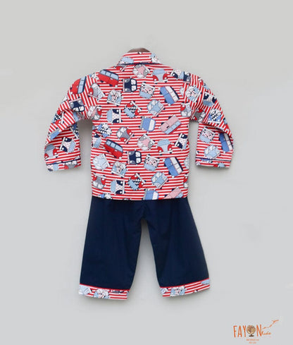 Fayon Kids Red Printed Shirt with Blue Pant for Boys