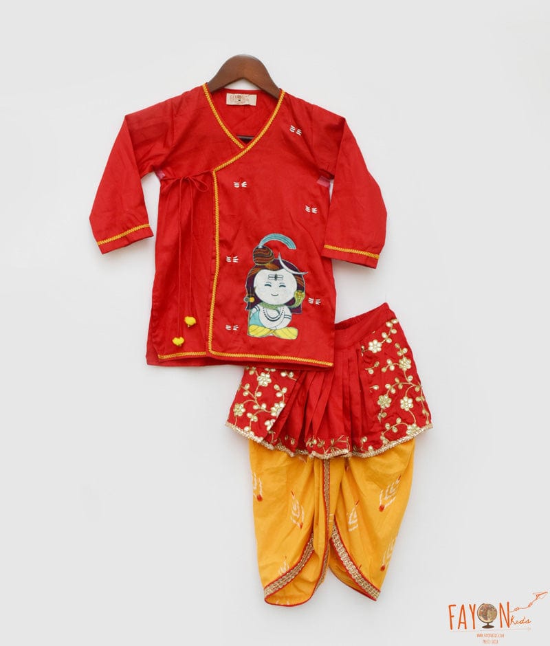 Red Silk Kurta and Yellow Print Dhoti for Boys