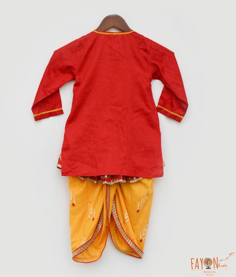 Fayon Kids Red Silk Kurta and Yellow Print Dhoti for Boys