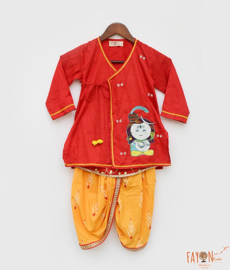 Red Silk Kurta and Yellow Print Dhoti for Boys
