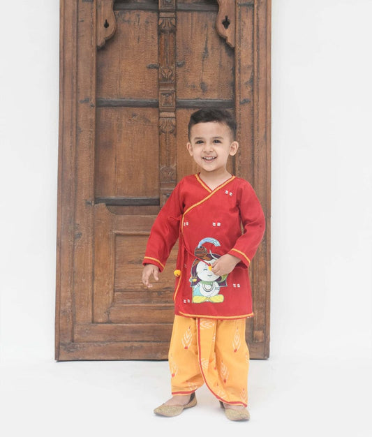 Fayon Kids Red Silk Kurta with Yellow Printed Dhoti for Boys