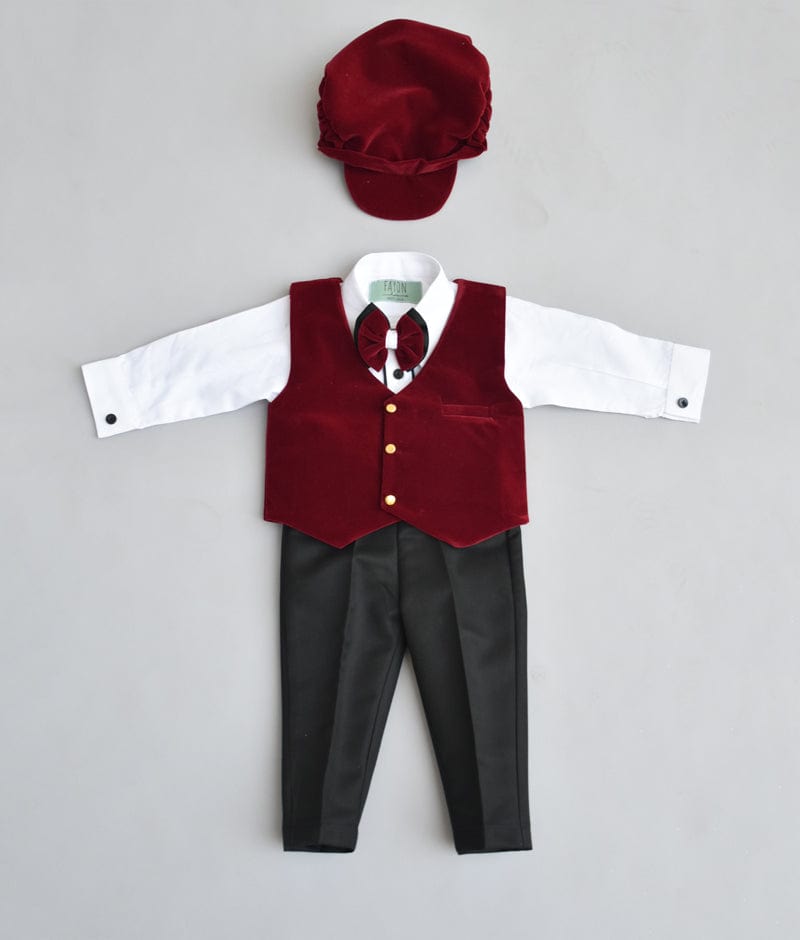 Fayon Kids Red Velvet Waist Coat with White Shirt and Black Pant for Boys