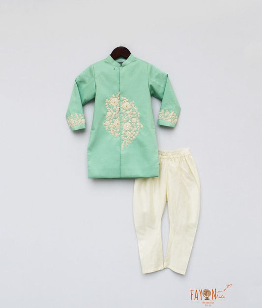 Fayon Kids Sea Green Embroidery Ajkan with Chudidar for Boys