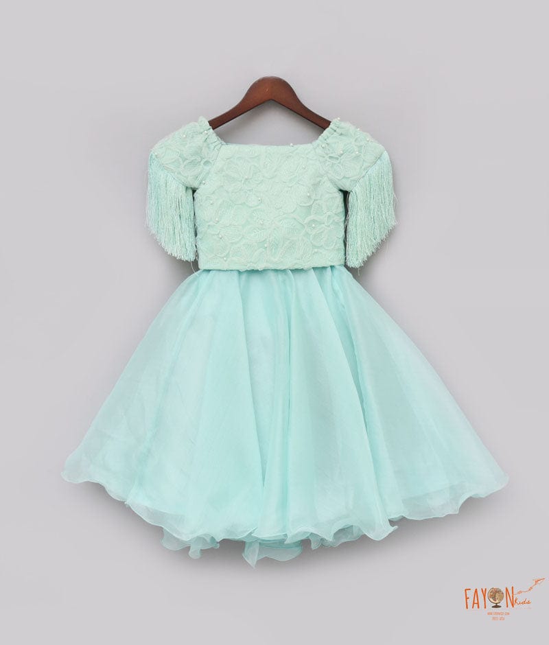 Fayon Kids Sea Green Net Work Organza Crop Top with Skirt for Girls