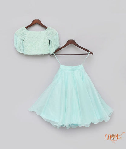 Fayon Kids Sea Green Net Work Organza Crop Top with Skirt for Girls