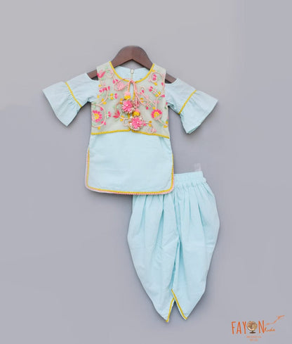 Fayon Kids Sky Blue Cotton Dhoti Set with Embroidery Jacket for Girls