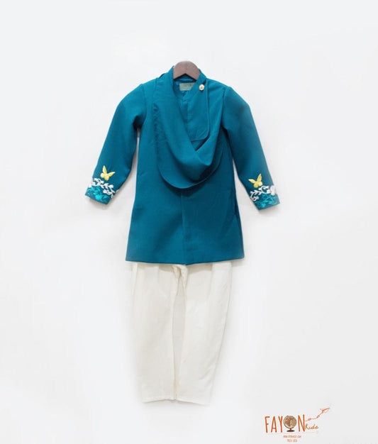 Fayon Kids Teal Blue Cowl Ajkan with Chudidar for Boys