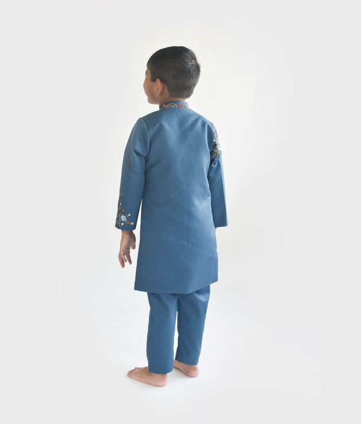 Teal Blue Embroidery Achkan and Pant for Boys