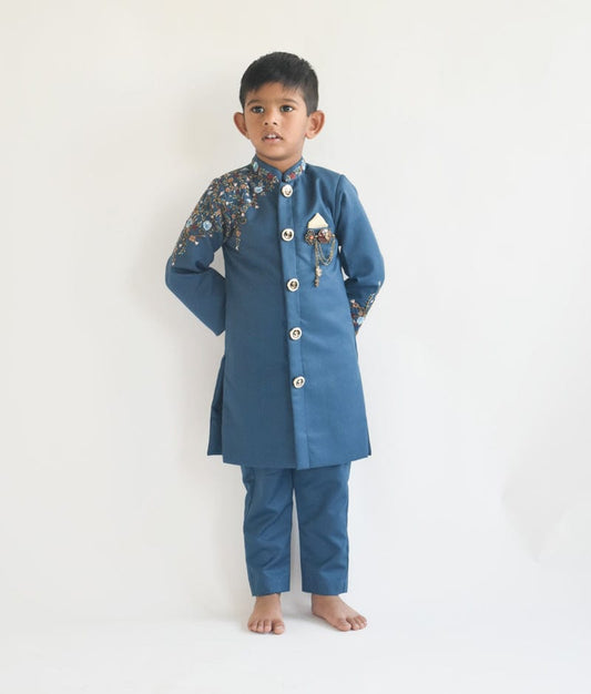 Fayon Kids Teal Blue Embroidery Ajkan and Pant for Boys