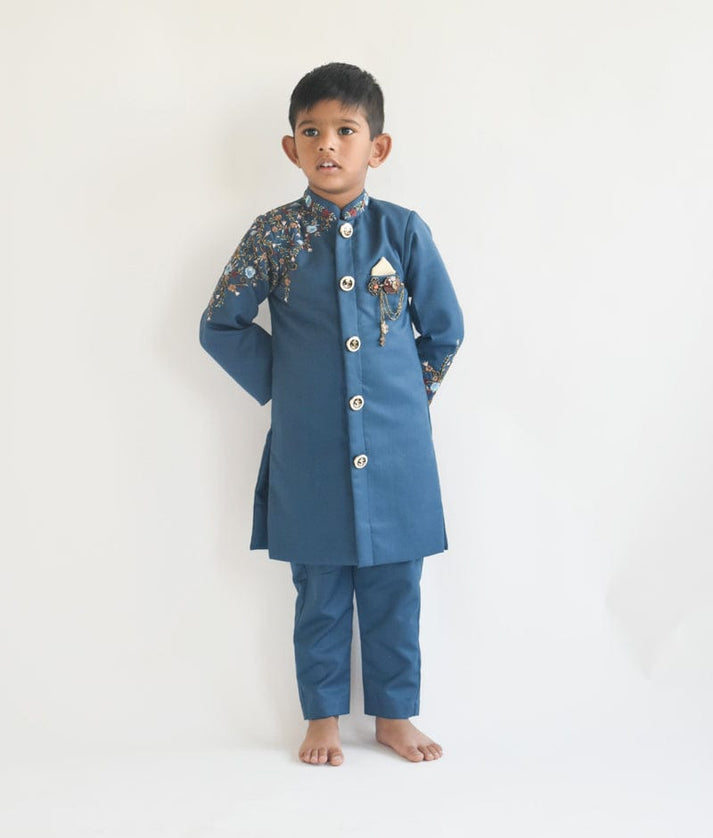 Teal Blue Embroidery Achkan and Pant for Boys