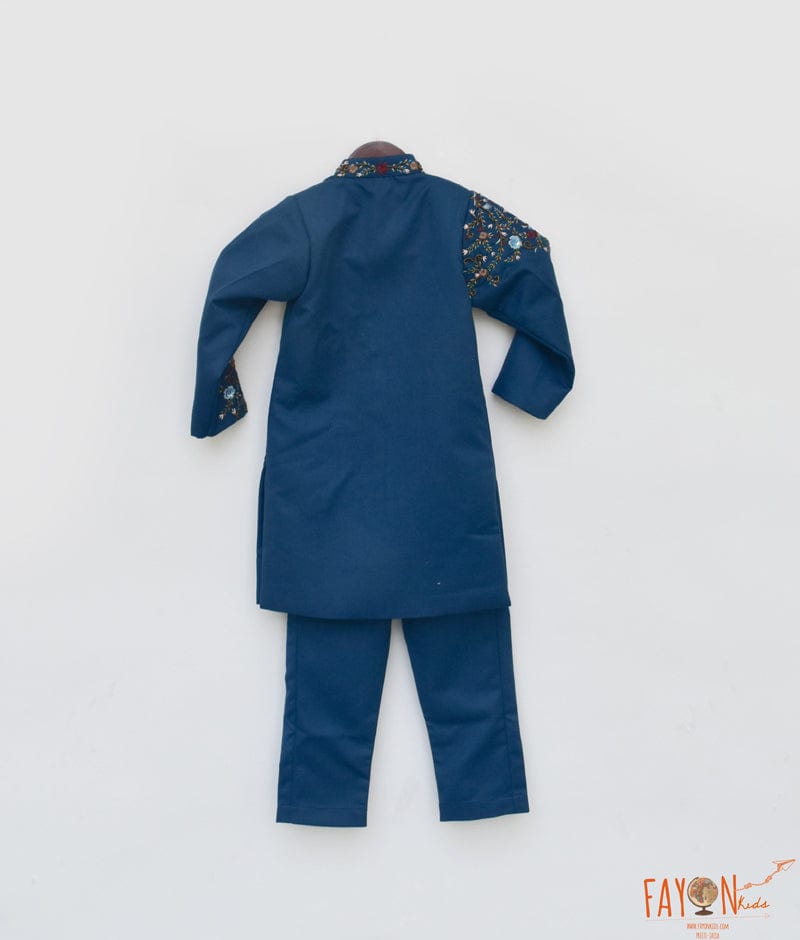Fayon Kids Teal Blue Embroidery Ajkan and Pant for Boys