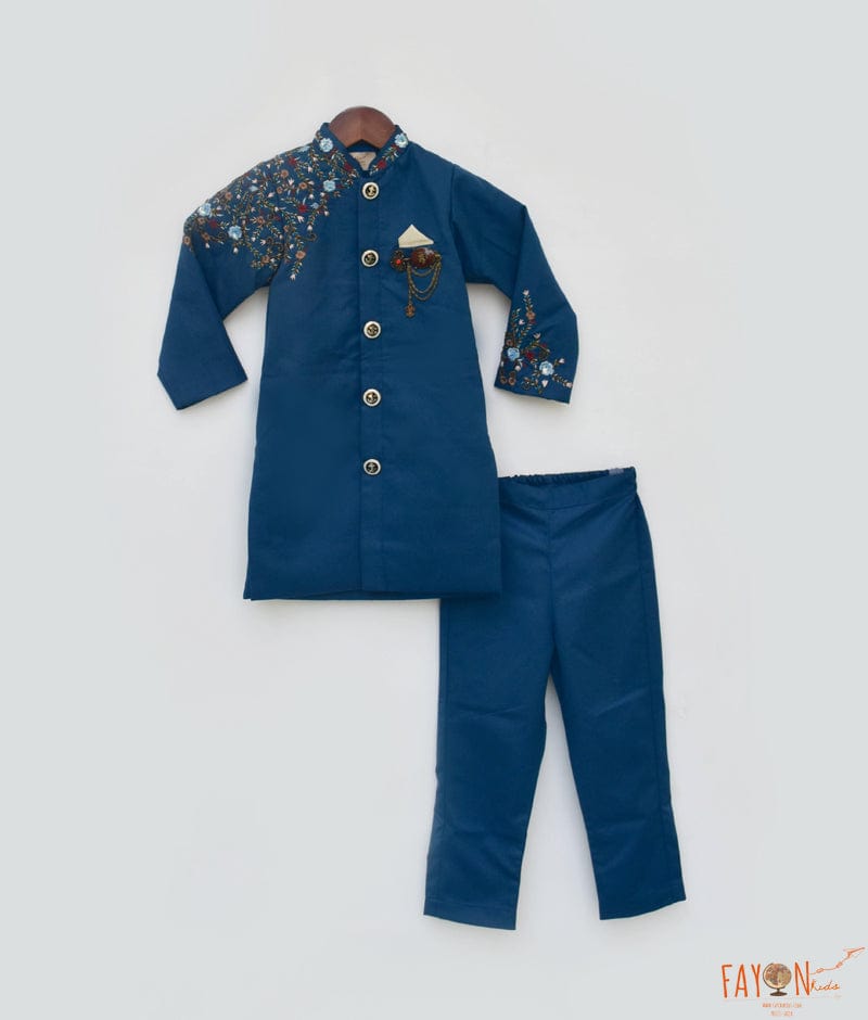 Fayon Kids Teal Blue Embroidery Ajkan and Pant for Boys