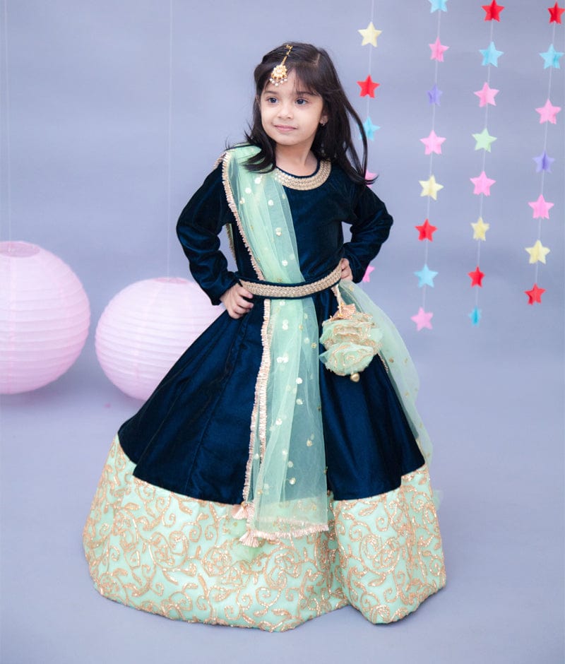 Fayon Kids Teal Blue Velvet Anarkali with Boti Net Dupatta for Girls