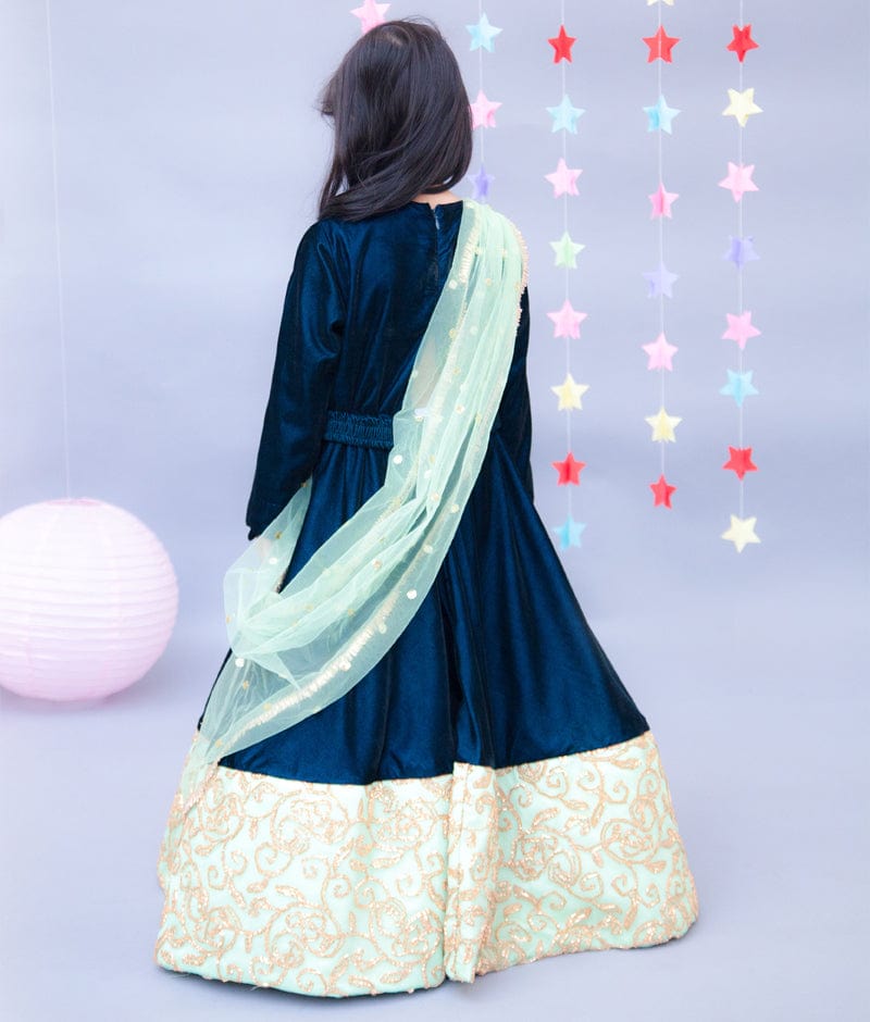 Fayon Kids Teal Blue Velvet Anarkali with Boti Net Dupatta for Girls