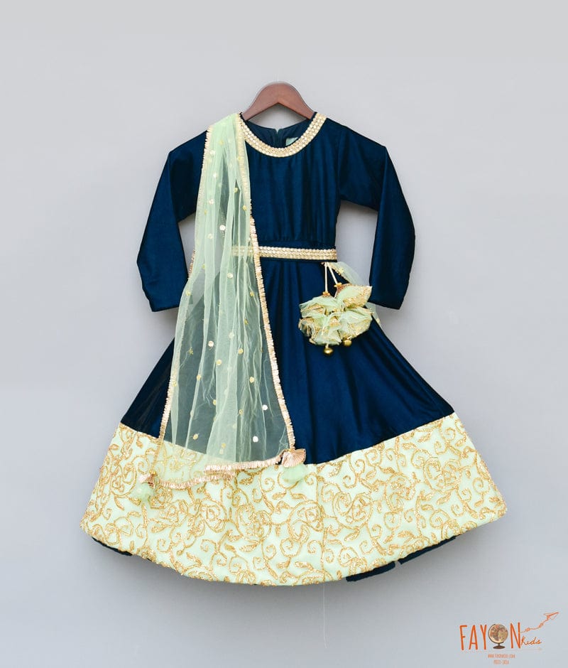 Fayon Kids Teal Blue Velvet Anarkali with Boti Net Dupatta for Girls