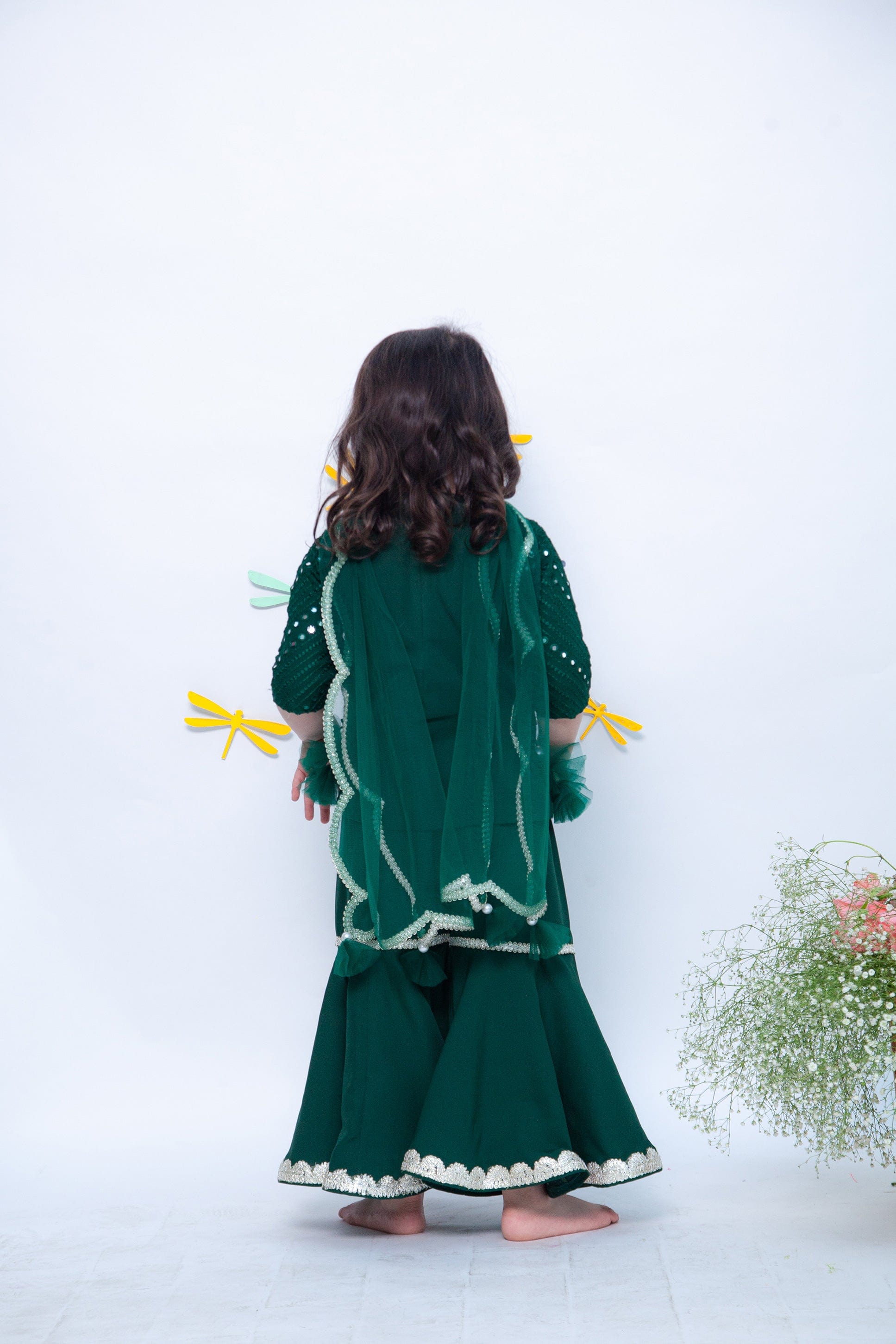 Thread and Mirror Green Coloured Kurti Sharara with Net Dupatta Set for Girls