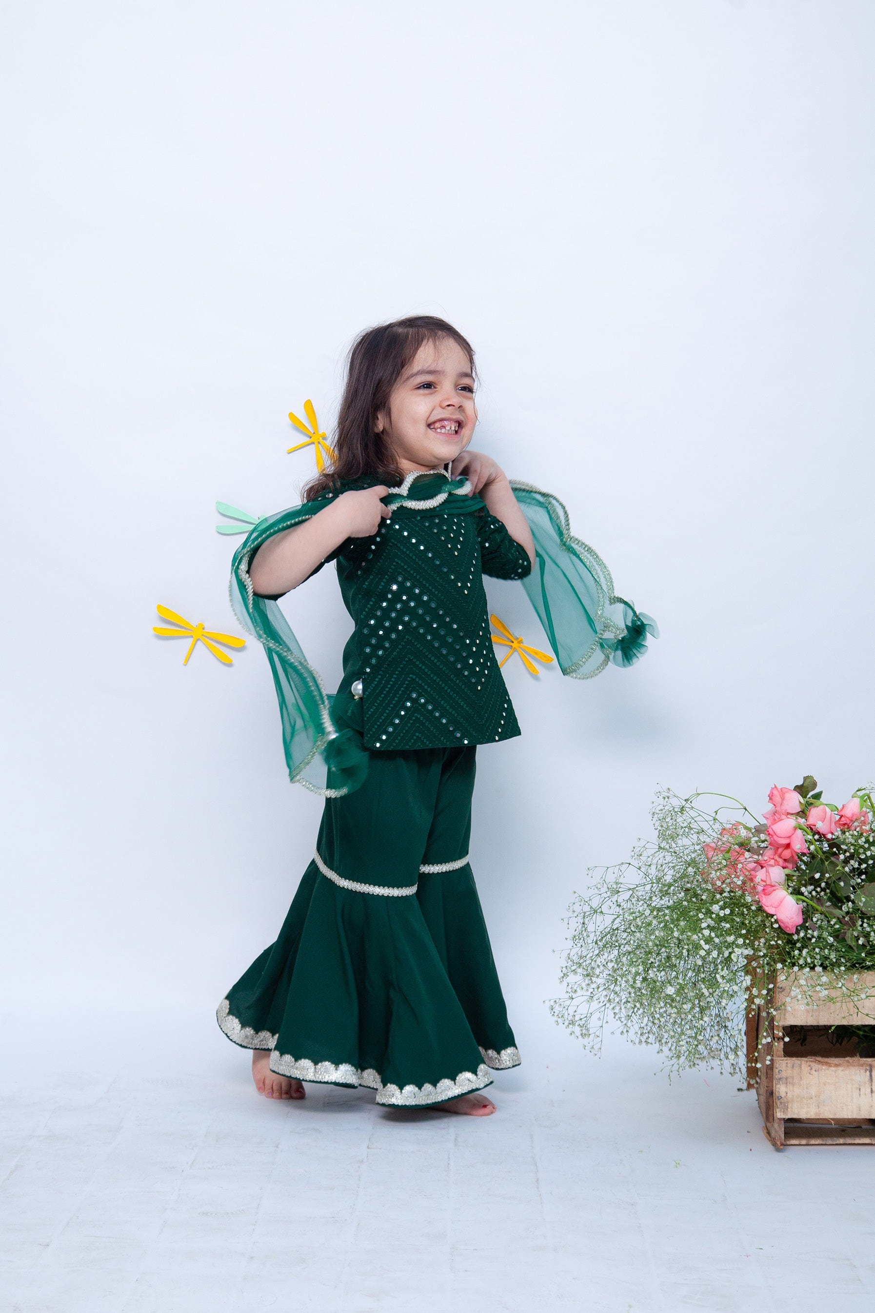 Thread and Mirror Green Coloured Kurti Sharara with Net Dupatta Set for Girls