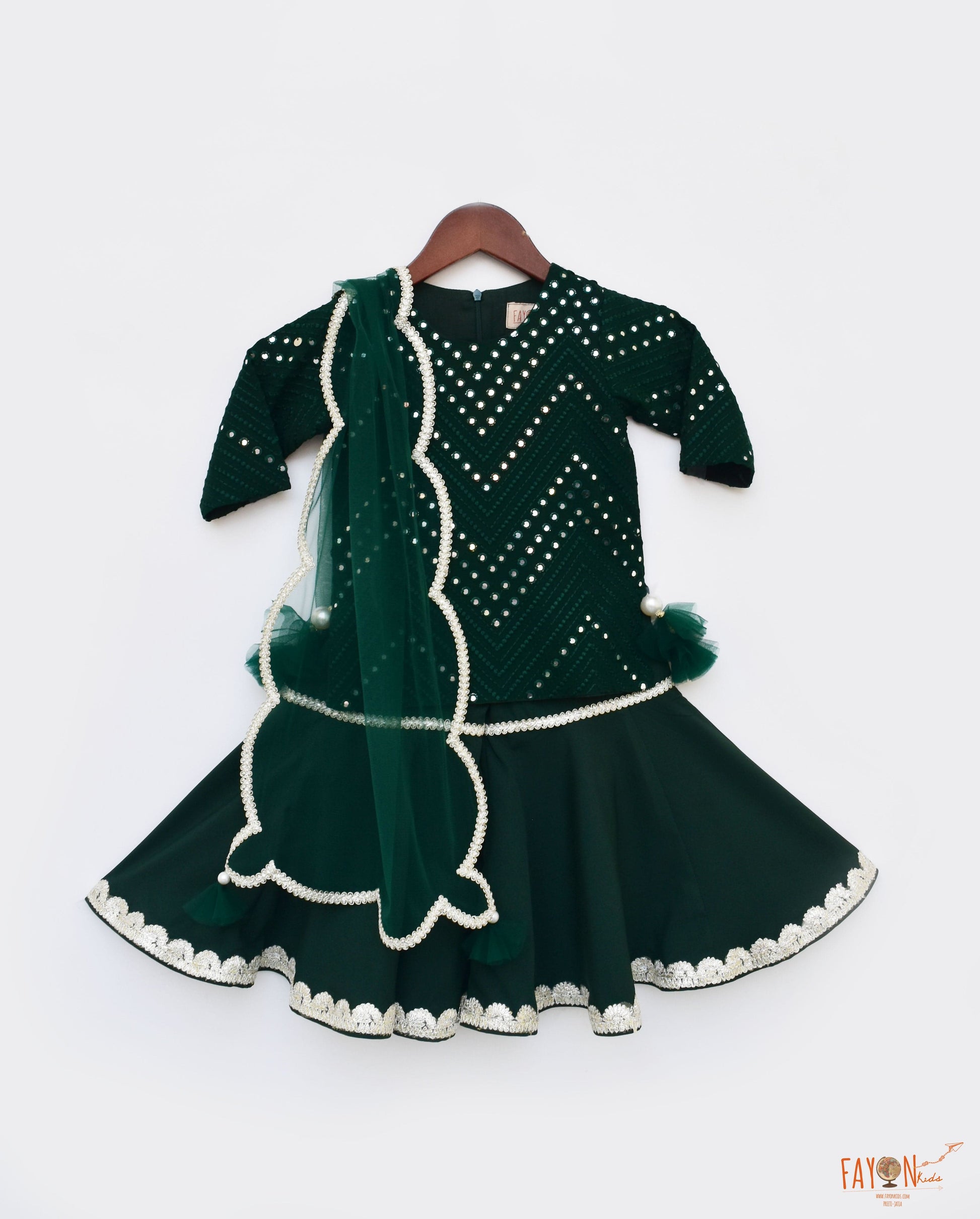 Thread and Mirror Green Coloured Kurti Sharara with Net Dupatta Set for Girls