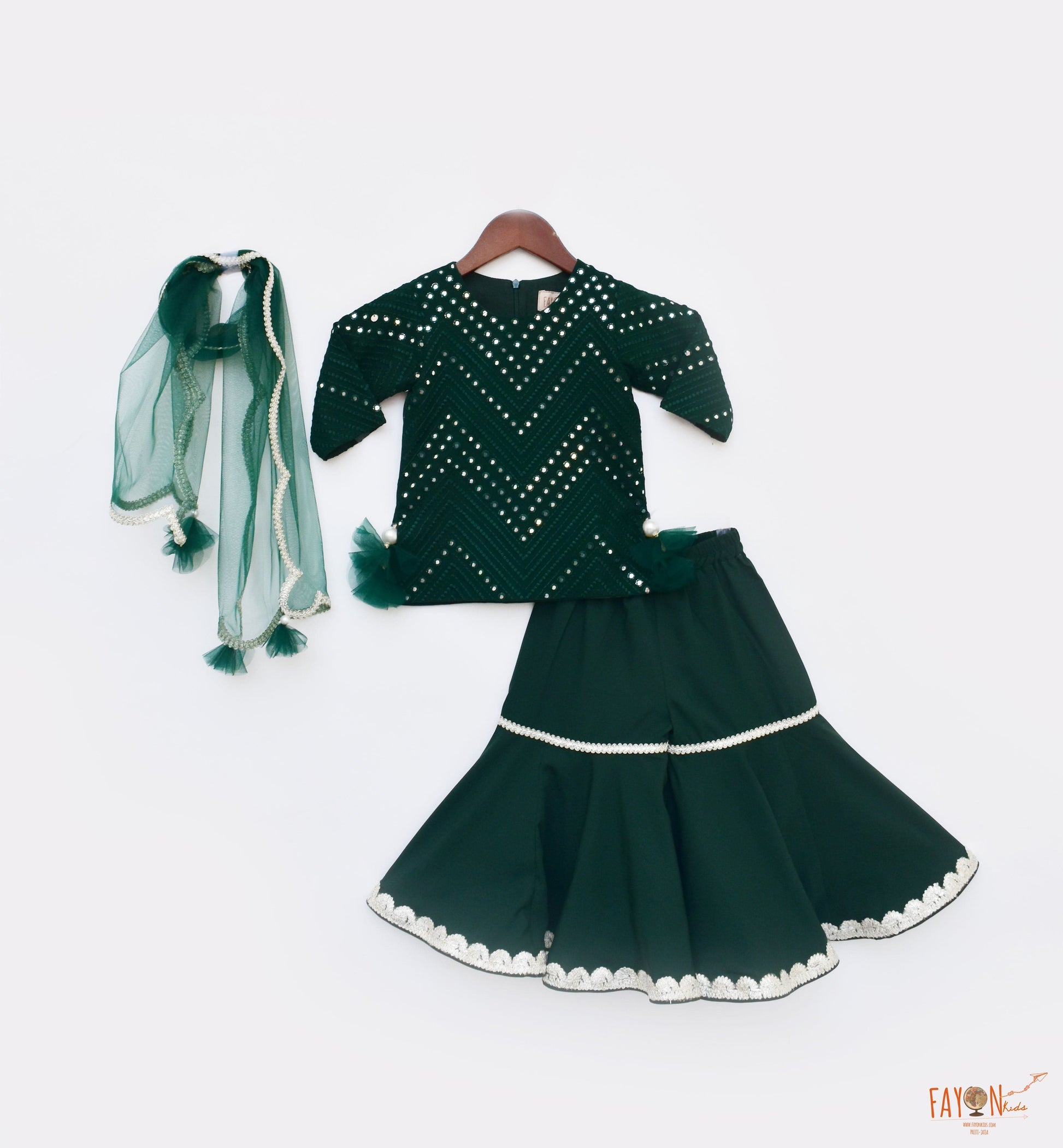 Thread and Mirror Green Coloured Kurti Sharara with Net Dupatta Set for Girls