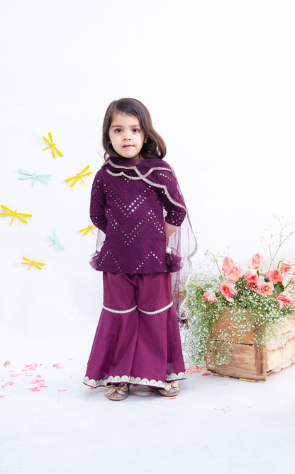 Fayon Kids Thread and Mirror Wine Coloured Kurti Sharara with Net Dupatta Set for Girls