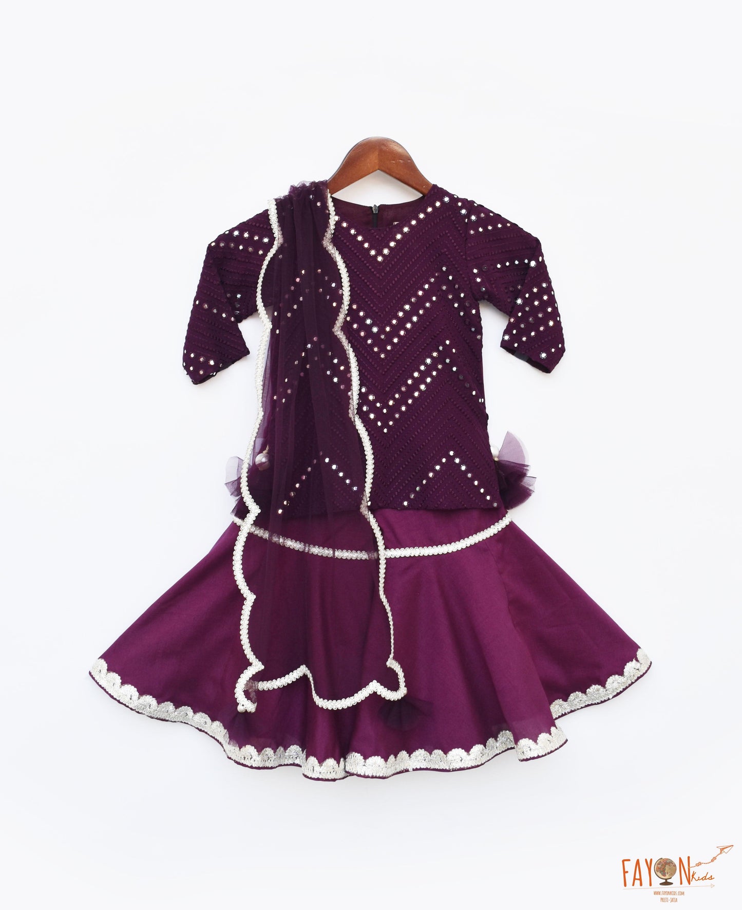 Fayon Kids Thread and Mirror Wine Coloured Kurti Sharara with Net Dupatta Set for Girls