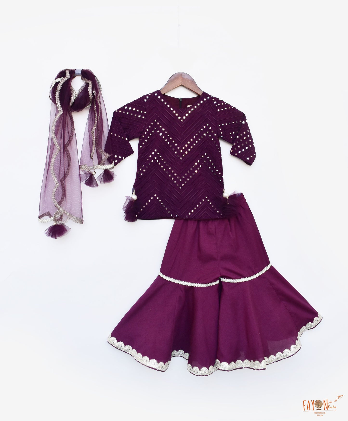 Fayon Kids Thread and Mirror Wine Coloured Kurti Sharara with Net Dupatta Set for Girls