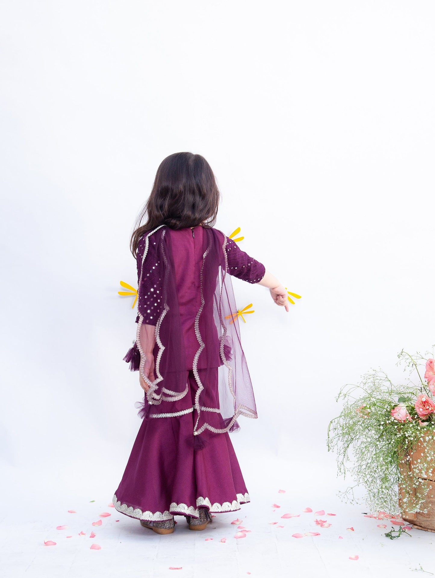 Fayon Kids Thread and Mirror Wine Coloured Kurti Sharara with Net Dupatta Set for Girls