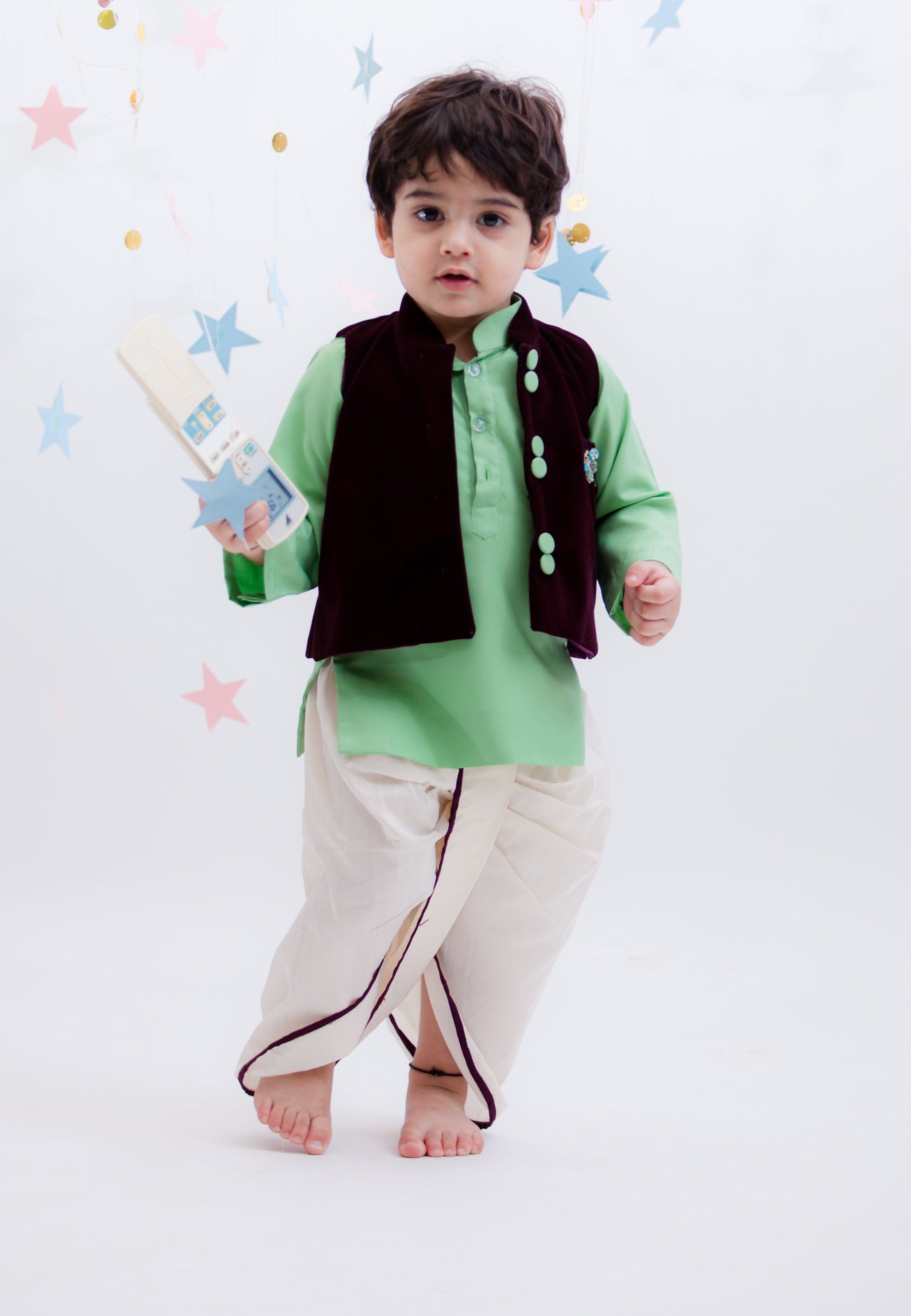 Velvet Nehru Jacket with Green Kurta Off-white Dhoti Sset for Boys