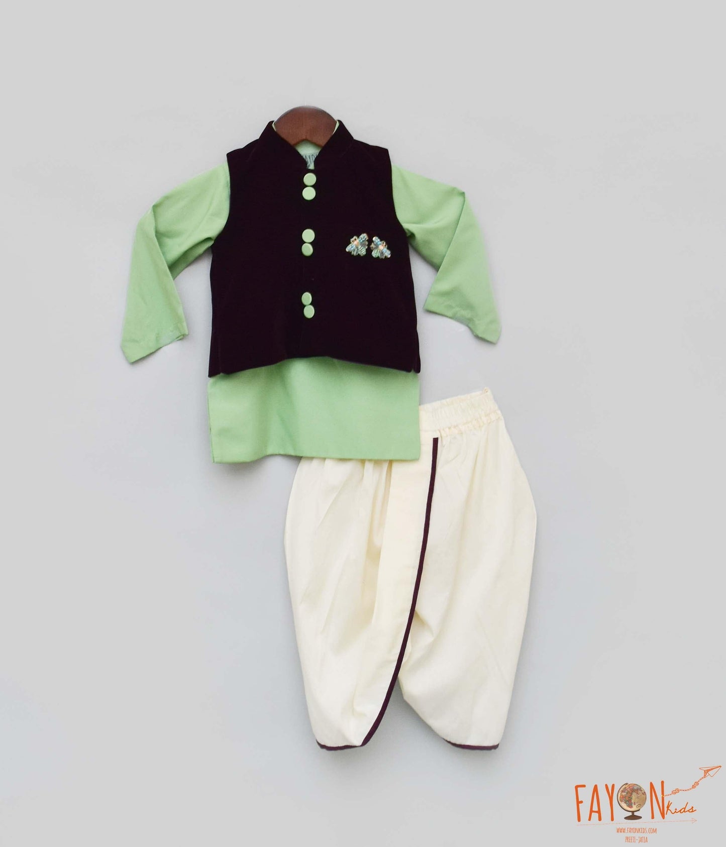 Fayon Kids Velvet Nehru Jacket with Green Kurta Off-white Dhoti Sset for Boys